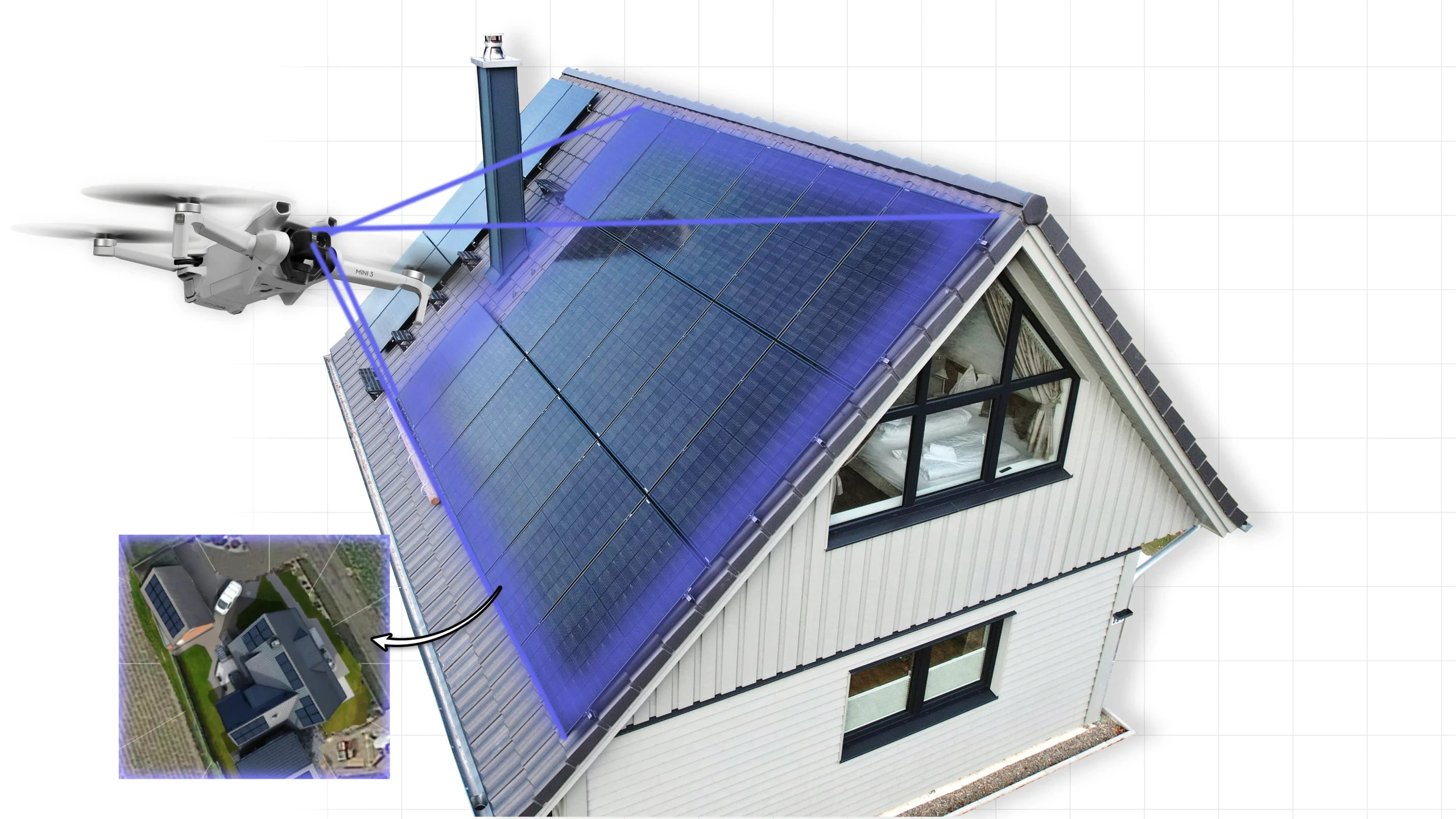 Drohne vermisst Hausdach mit Solarmodulen für die Photovoltaik-Planung und 3D-Dachanalyse